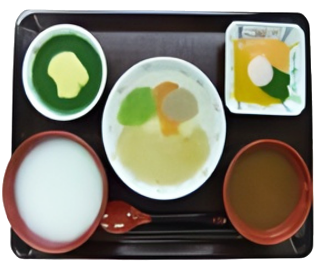 ご飯や味噌汁など配膳に盛られたミキサー食の定食